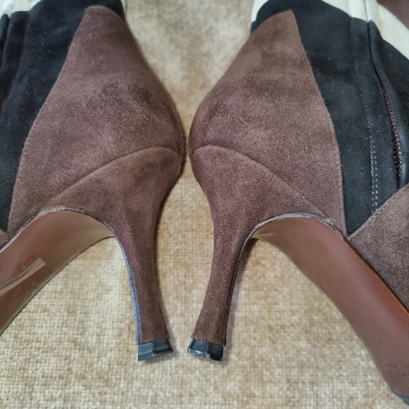 Escada Color Block Black Brown Cream Suede Pointed Toe Ankle Boots - Picture 7 of 14